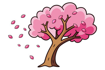 Whimsical pink blossom tree shedding petals with curved branches against a simple white background