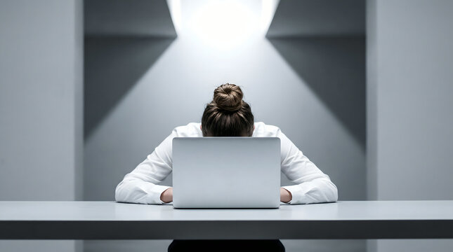 Woman head down on laptop, feeling stressed and overwhelmed in modern office
