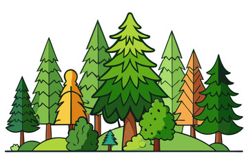 Fototapeta premium Colorful cartoon forest landscape with diverse trees on a hill on white background