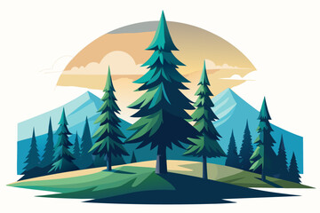 Obraz premium Scenic view of evergreen trees against mountains with sunset sky in vibrant nature landscape illustration