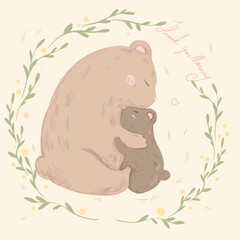 Vector illustration of cute bears hugging each other. Illustration for Mother's Day. The illustration is decorated with a floral frame. © Oksana Avramenko