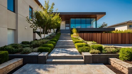 Fototapeta premium Entrance to modern family house with stylish front doors, clean stairs, ornamental shrubs and paved walkway, contemporary residential architecture and landscaped home exterior