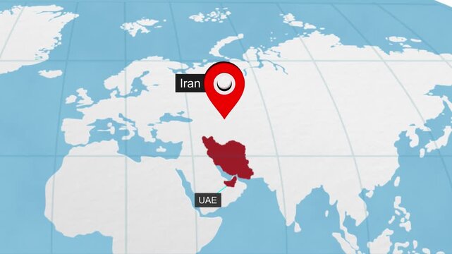 Iran and UAE map highlighted on world map 10 animated motion background video footage dynamic visual for digital media presentations marketing screens