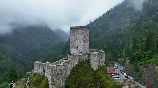 Historical Zilkale (Zil Kale) Castle located in Camlıhemsin, Rize and Kackar Mountains in the background