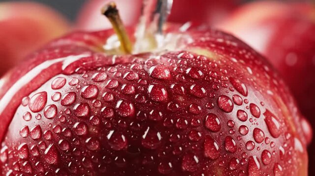 Closeup of Fresh Red Apple Covered in Water Droplets.
