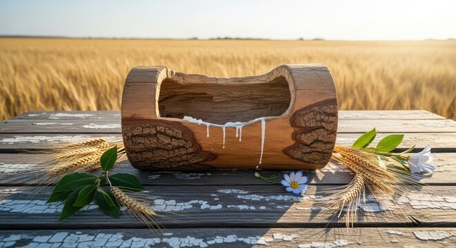 Rustic wooden bread box on weathered table with wheat and flowers in field