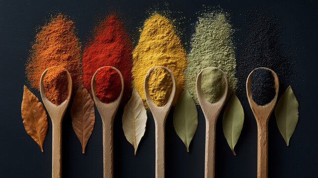 Wooden Spoons with Vibrant Spices Culinary Diversity Concept for Global Market Expansion Food Industry Logistics and Cultural Integration Strategy