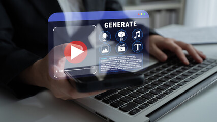 Business Professional Using Laptop and Smartphone for Online Content Creation with Multimedia...