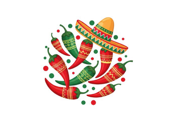 Vibrant mexican sombrero and chili peppers emblem