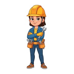 Fototapeta premium Cartoon female construction worker with tools and hard hat