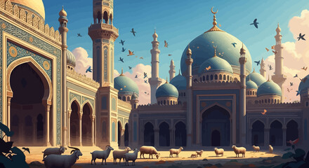 Vector illustration of a mosque with domes and minarets © MdAbdul