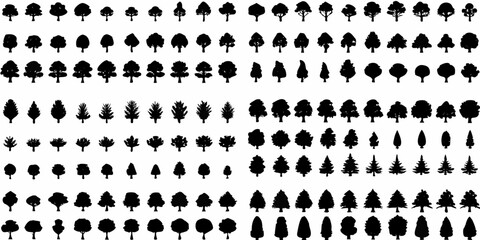 Collection of diverse black silhouette trees arranged in a grid pattern © Rina