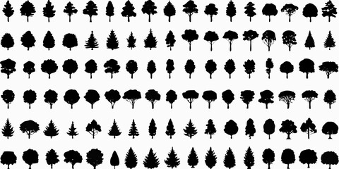 A collection of various black silhouette trees arranged in a grid pattern © Rina