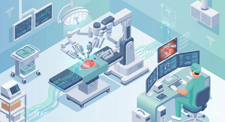 Obraz premium Isometric robotic arm performing precision surgery in modern operating room