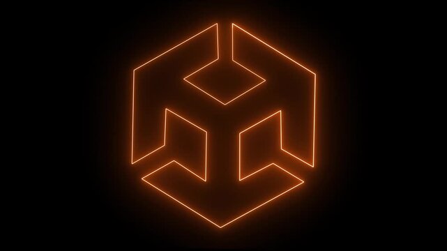 Neon unity icon animation on black background. BIM technology icon Ideal for building information modeling and architecture.  3d modeling, isometric cube with axes.