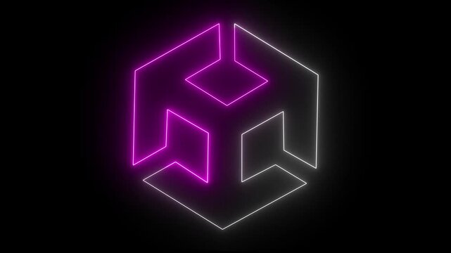 Neon unity icon animation on black background. BIM technology icon Ideal for building information modeling and architecture.  3d modeling, isometric cube with axes.4k
