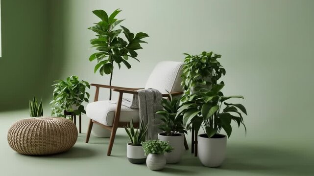 A serene indoor setting featuring a white chair surrounded by various lush green plants and a woven ottoman on a matching green floor and wall