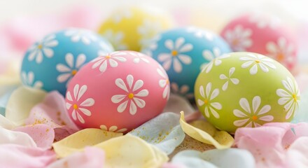 Fototapeta premium Easter sunday decorated eggs in pastel colors with floral patterns