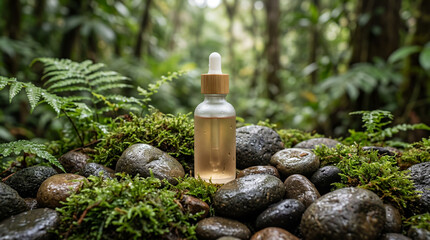 Obraz premium Minimalist Glass Serum Bottle on Wet River Stones and Moss