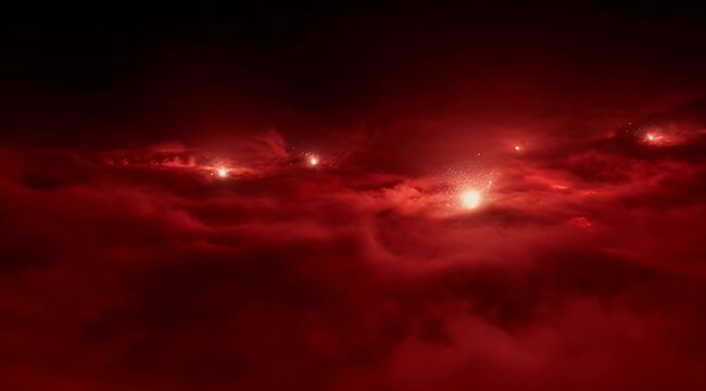 Deep red space scene with glowing celestial bodies and foggy clouds