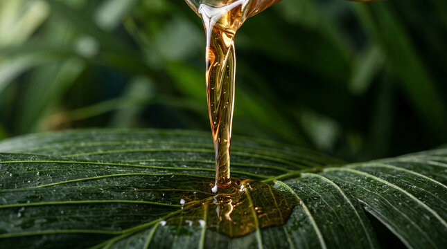 Golden Pataua Oil Pouring Macro on Lush Dark Green Leaf
