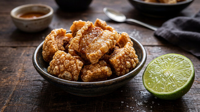 Crispy Golden Torresmo Pork Cracklings with Fresh Lime Wedge Detail