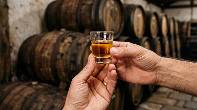 Close Up of Hand Holding Artisanal Cachaca Near Wooden Barrels