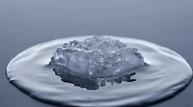 Closeup of melting ice formation on a reflective, almost liquid surface