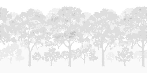 A grayscale illustration depicting a dense forest of tall trees © Rina