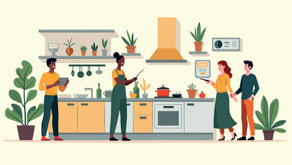 A cheerful man in casual attire stands beside a large potted plant, holding a tablet with a happy expression, conveying a sense of serenity and modern © jajang