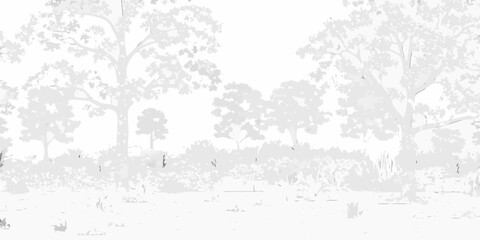 A grayscale silhouette of trees and foliage fills the landscape © Rina