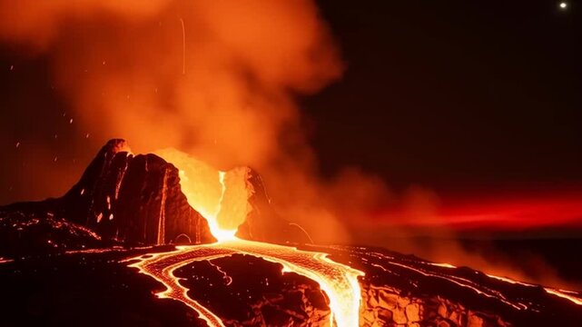 Volcanic eruption spews lava flows across rugged mountain terrain at night.