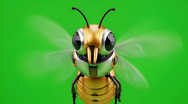 A beautiful robotic bee with spinning wings on a green background