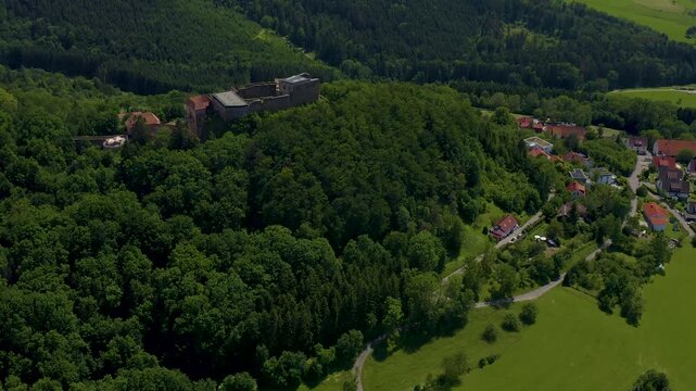 Aerial of the Castel Burgruine Hohenrechberg in Germany. On a sunny day ins Germany.