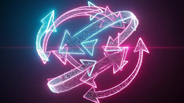 Neon arrows rotate in a circular motion on a dark background with pink and blue lights.