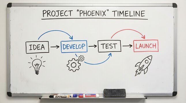 A whiteboard illustrating the project phoenix timeline with idea develop test and launch