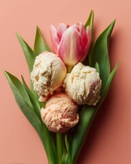 Fototapeta premium Fresh green tulip leaves arranged in a bouquet with three scoops of ice cream in pastel colors on a pink background for a vibrant and playful presentation