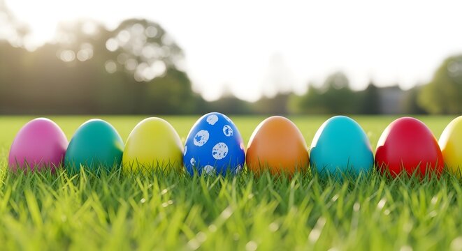 Colorful easter eggs in a lush green grassy field on a sunny day