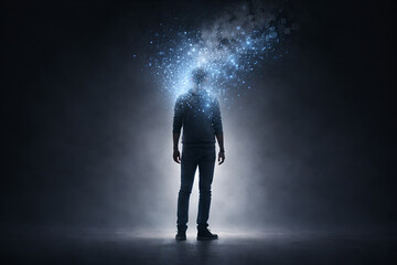 Obraz premium Human Mind Dissolving into Digital Data Cloud Symbolizing AI Transformation and Identity Shift