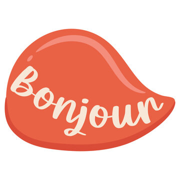 Colorful speech bubble sticker with Bonjour in French language - english for hello greeting