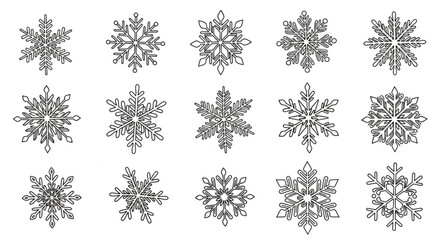 Set of 15 Black and White Snowflake Illustrations. © mat