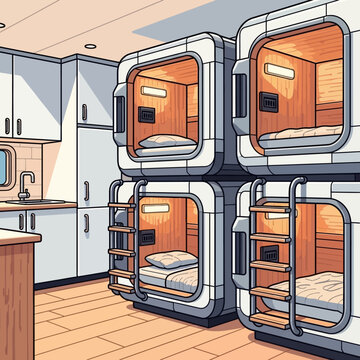 A futuristic capsule hotel room with bunk beds
