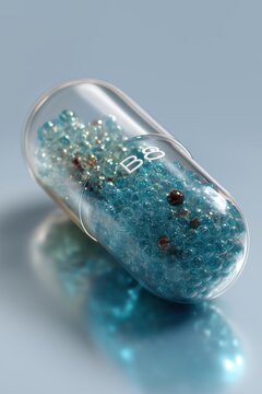 Bright turquoise gelatin capsule with microbeads marked B8 placed on a glossy white surface illuminated by cyan edge light