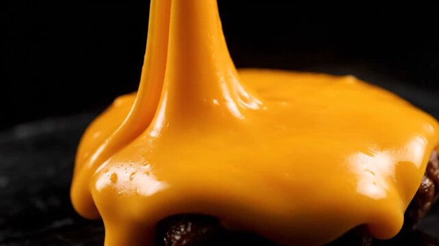 Orange sauce pouring on food close up against black background