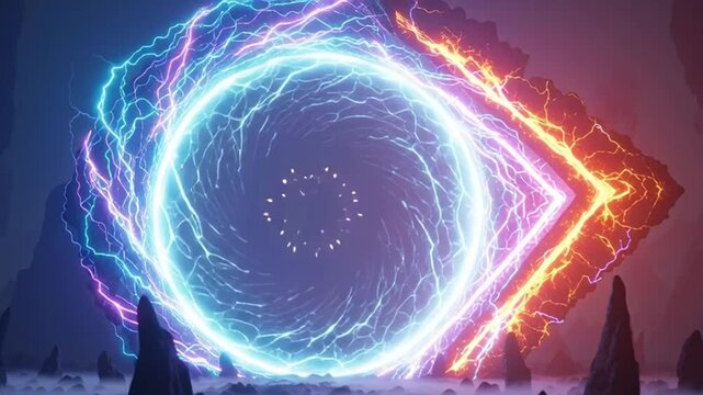 Electric portal emits glowing arrows in a mystical landscape with lightning.