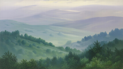 Obraz premium Serene misty landscape with rolling green hills and trees at sunrise