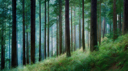 Obraz premium Dense evergreen forest with misty understory
