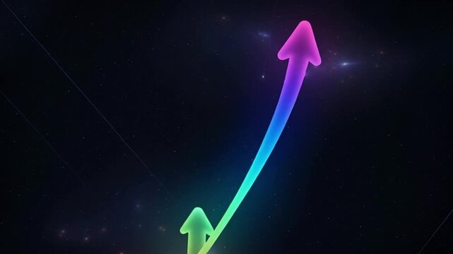Colorful arrows rise upward in a gradient pattern against a starry night sky background.
