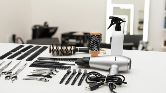 A sleek hair styling station with tools and equipment on a white countertop