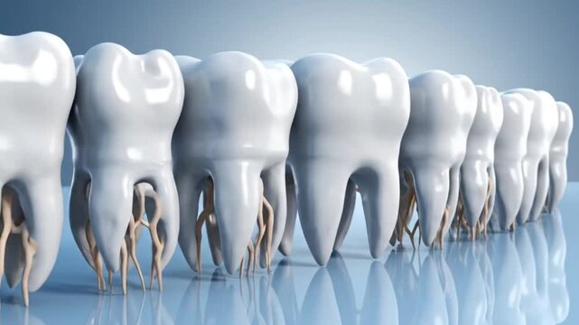 Animated 3D rendering of healthy white human teeth with exposed roots and nerve structures, showing a perfect dental arch motion video.